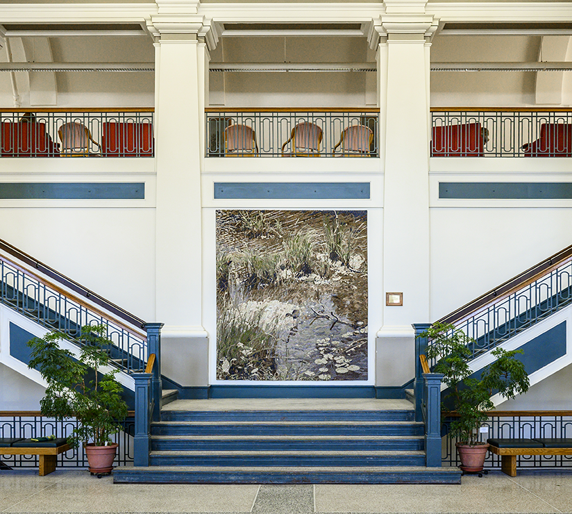 Birge hall lobby with 2 plants and several places for students to relax or study 