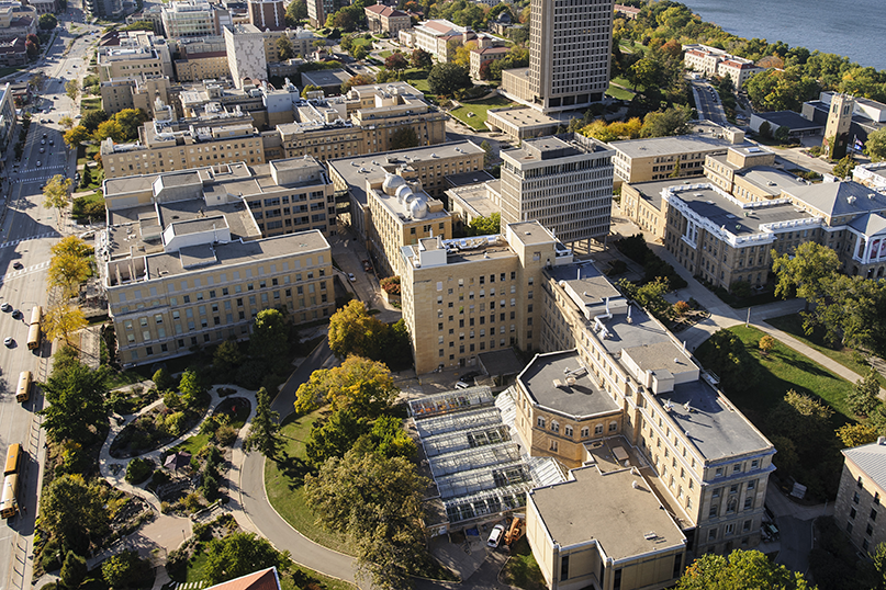 An aerial view of Botany Gardens along University Avenue in front of Birge Hall. Photo by: Jeff Miller